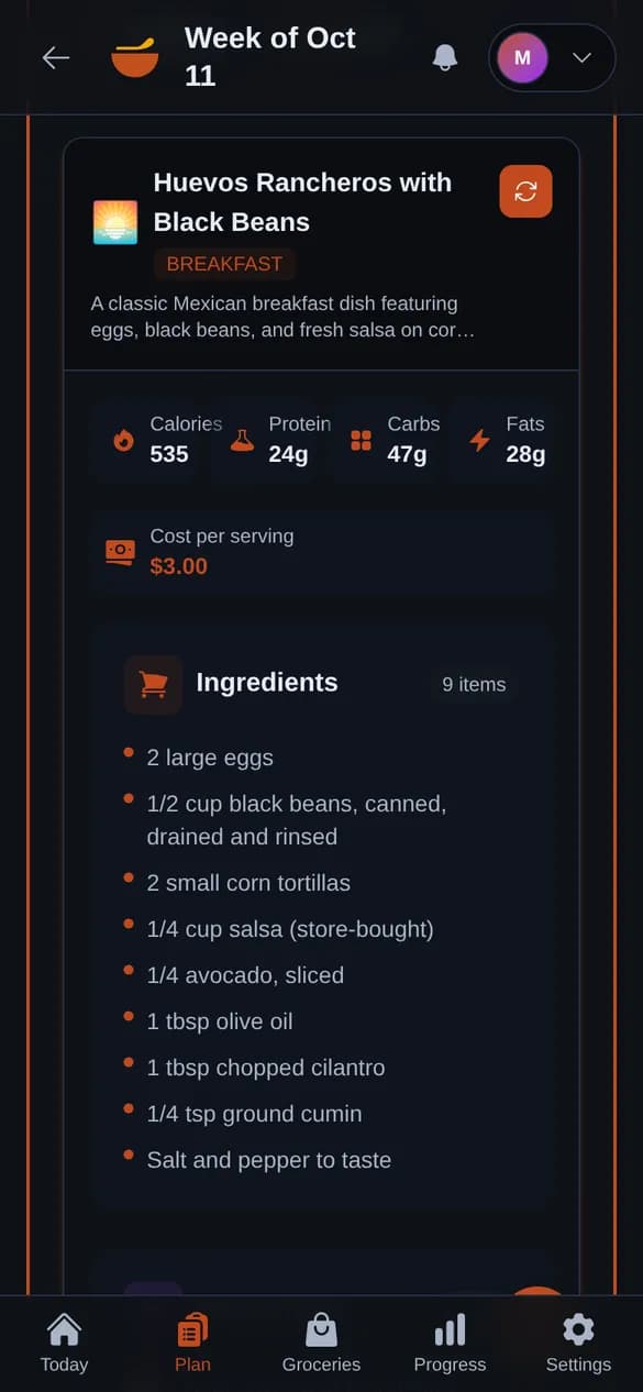 A recipe showing calories, protein, carbs and fat, cost per serving, and ingredients in cups and spoons
