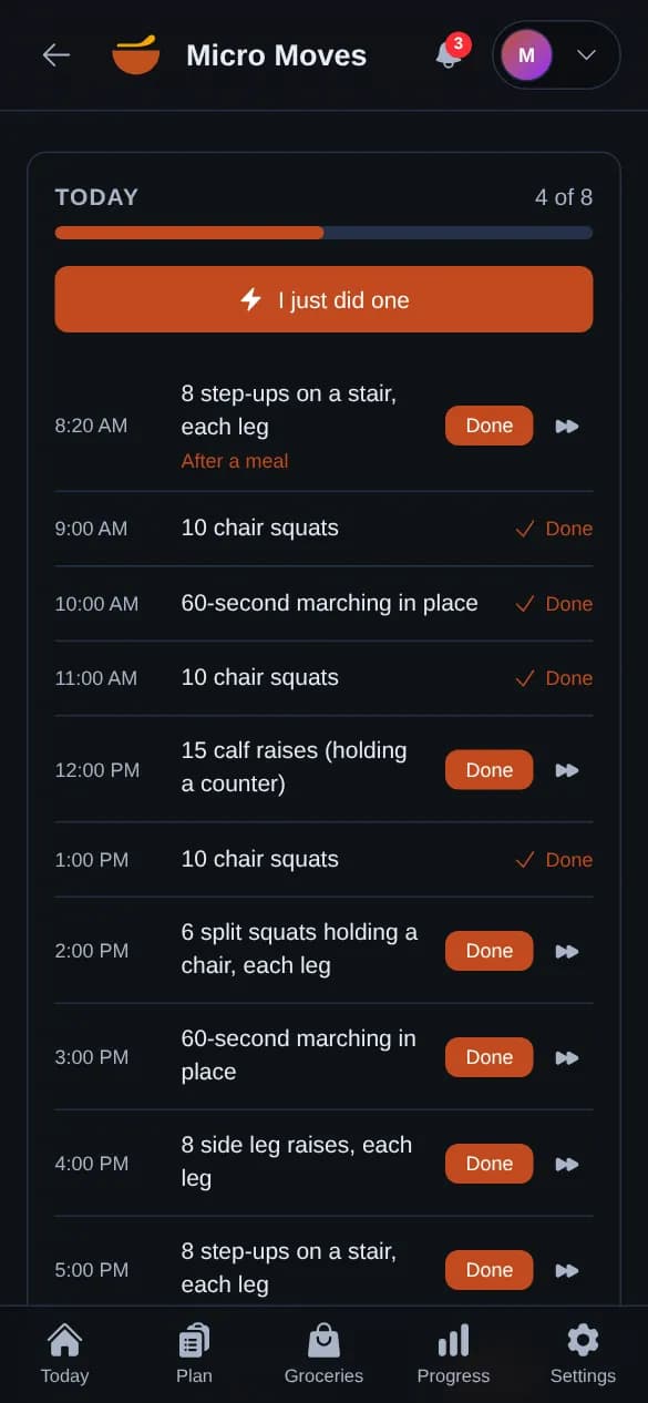 Micro Moves: today’s exercise breaks, from step-ups after breakfast to chair squats and marching in place, with 4 of 8 done