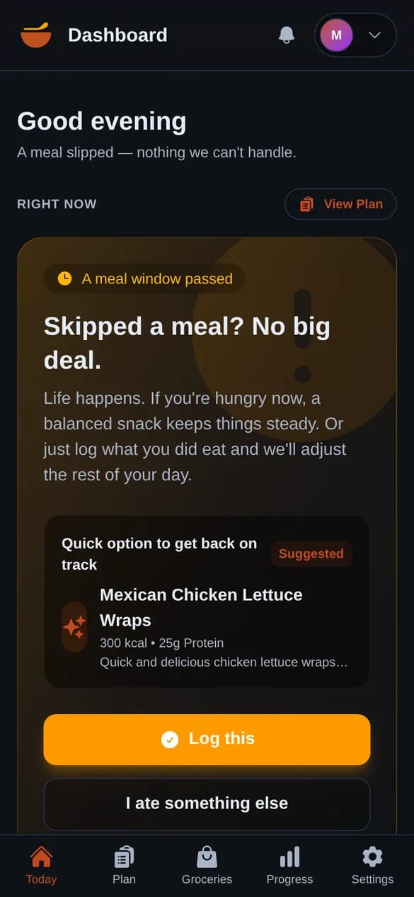 The Today screen after a missed meal, suggesting a quick snack to get back on track