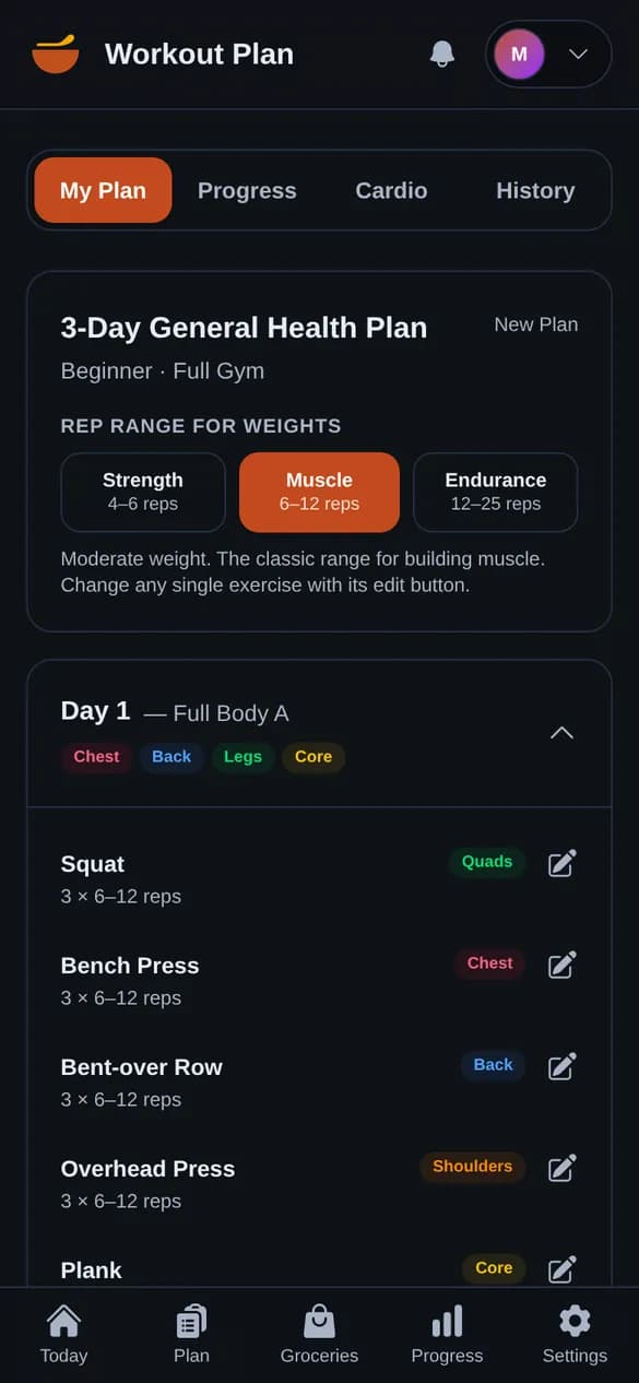 A 3-day full-body workout plan with squats, bench press, rows and overhead press