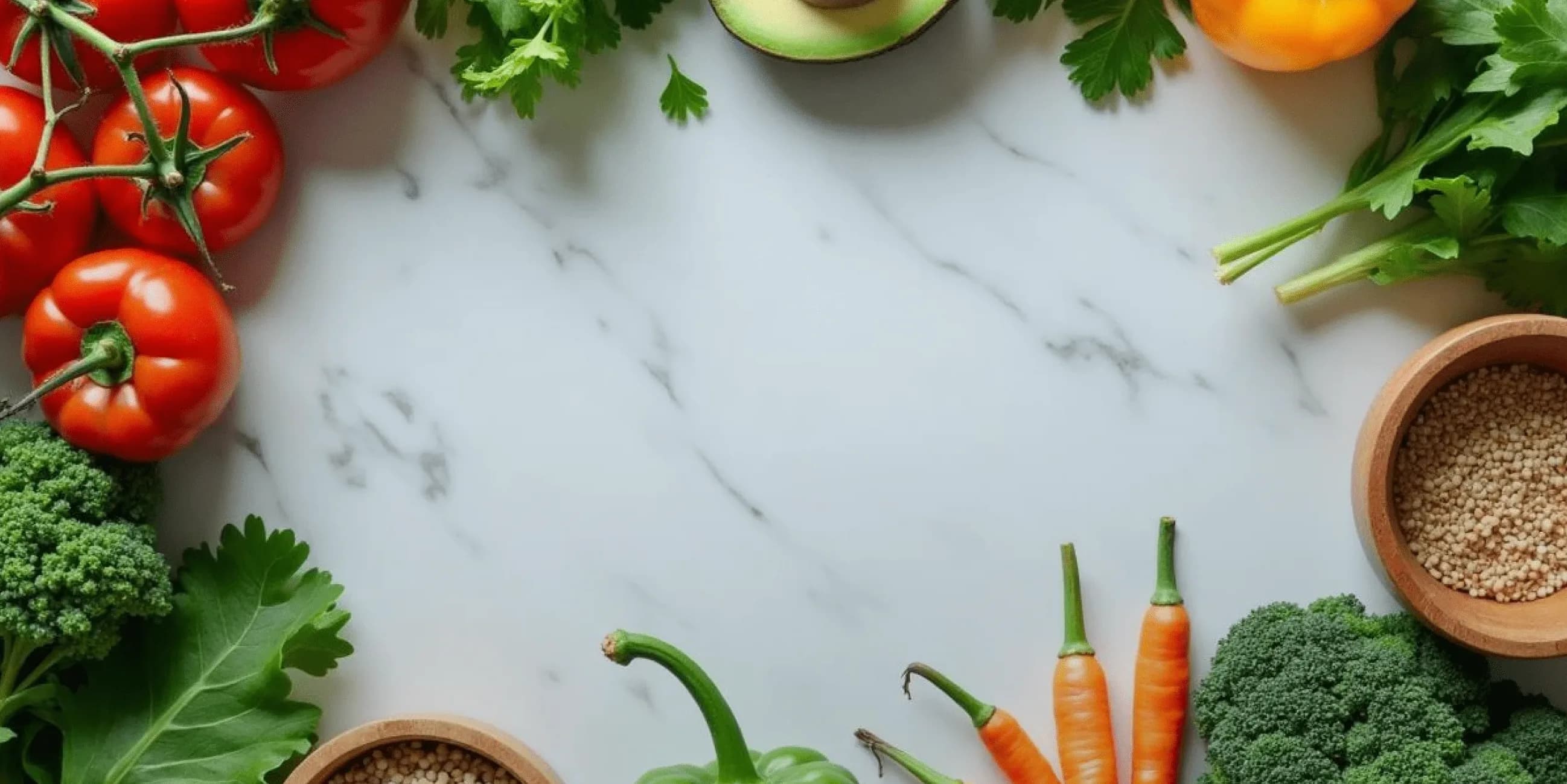 Tomatoes, broccoli, carrots, peppers and grains on a kitchen counter